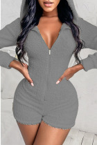 Grey Casual Solid Split Joint Zipper Hooded Collar Straight Jumpsuits