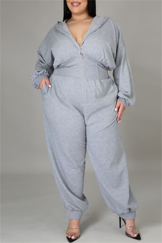 Grey Fashion Casual Print Patchwork Zipper Hooded Collar Plus Size Jumpsuits