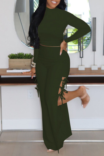 Green Casual Solid Patchwork Frenulum Slit O Neck Long Sleeve Two Pieces