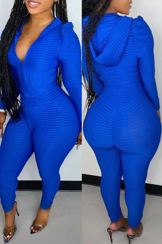 Blue Casual Sportswear Patchwork Zipper Hooded Collar Long Sleeve Two Pieces