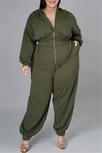 Green Fashion Casual Print Patchwork Zipper Hooded Collar Plus Size Jumpsuits