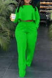 Green Casual Solid Flounce O Neck Long Sleeve Two Pieces