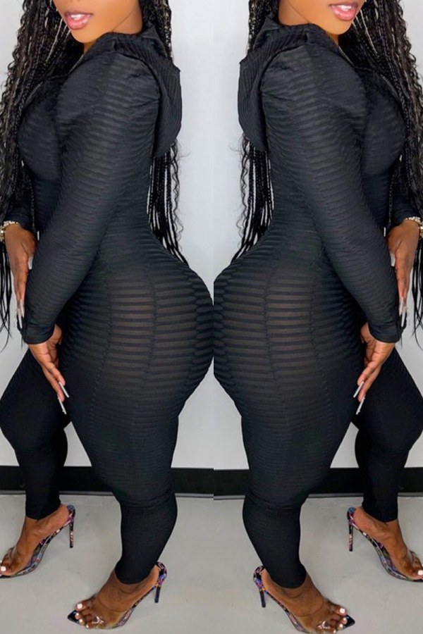 Black Casual Sportswear Patchwork Zipper Hooded Collar Long Sleeve Two Pieces