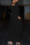 Black Casual Solid Flounce V Neck Cake Skirt Dresses