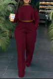 Burgundy Casual Solid Flounce O Neck Long Sleeve Two Pieces