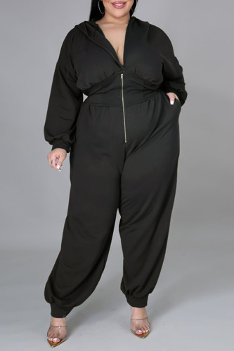 Black Fashion Casual Print Patchwork Zipper Hooded Collar Plus Size Jumpsuits