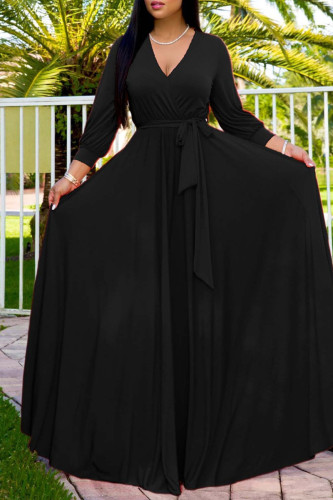 Black Deep V Neck Long Sleeve Lace Up Slim Fit Casual A Line Vacation Maxi Dress