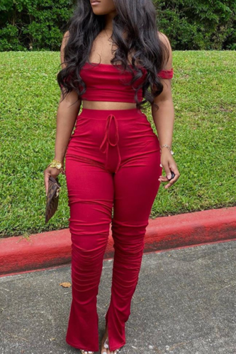 Red Sexy Solid Patchwork O Neck Short Sleeve Two Pieces