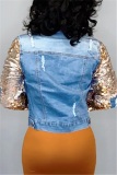 Blue Turndown Collar Sequin Patchwork Hole Solid The cowboy Pure Long Sleeve 