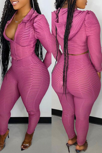 Pink Purple Casual Sportswear Patchwork Zipper Hooded Collar Long Sleeve Two Pieces