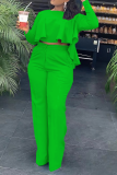 Green Casual Solid Flounce O Neck Long Sleeve Two Pieces