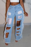 Light Color Street Solid Tassel Ripped Hollowed Out Patchwork High Waist Loose Denim Jeans