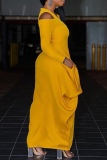 Yellow Casual Solid Flounce V Neck Cake Skirt Dresses