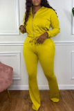 Yellow Fashion Casual Solid Basic Zipper Collar Plus Size Two Pieces