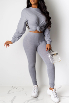 Grey Fashion Casual Solid Basic O Neck Long Sleeve Two Pieces
