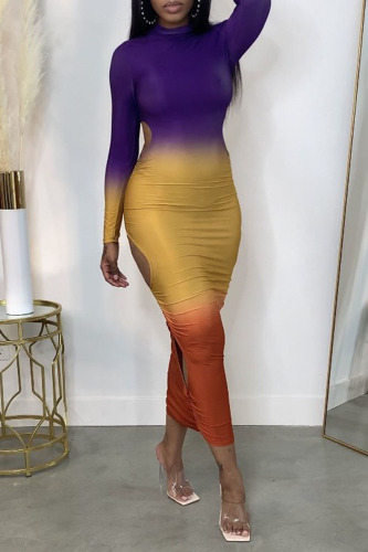 Purple Sexy Gradual Change Print Hollowed Out Patchwork O Neck One Step Skirt Dresses