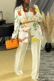 White Fashion Casual Print Cardigan Turndown Collar Outerwear (Without Belt)