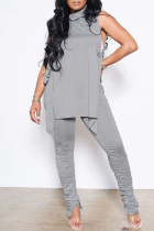 Grey Sexy Casual Solid Bandage Fold Turtleneck Sleeveless Two Pieces
