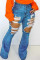 Blue Fashion Casual Solid Ripped High Waist Regular Jeans