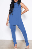 Blue Sexy Casual Solid Bandage Fold Turtleneck Sleeveless Two Pieces