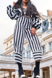 Black White Casual Striped Print Patchwork Zipper V Neck Long Sleeve Two Pieces
