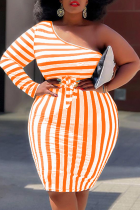 Tangerine Red Casual Striped Split Joint One Shoulder Pencil Skirt Plus Size Dresses