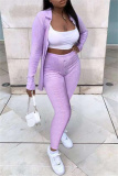 Light Purple Fashion Casual Solid Cardigan Hooded Collar Long Sleeve Two Pieces