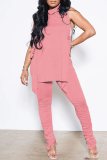 Pink Sexy Casual Solid Bandage Fold Turtleneck Sleeveless Two Pieces