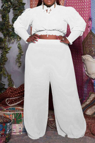 White Casual Solid Patchwork Frenulum O Neck Plus Size Two Pieces