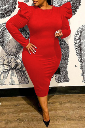 Red Fashion Casual Solid Basic O Neck Long Sleeve Plus Size Dresses
