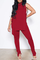 Red Sexy Casual Solid Bandage Fold Turtleneck Sleeveless Two Pieces
