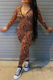 Yellow Brown Sexy Print Patchwork Zipper Collar Skinny Jumpsuits