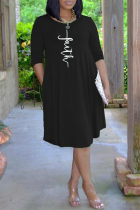 Black Casual Print Split Joint O Neck Cake Skirt Dresses