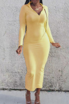 Light Yellow Fashion Casual Basic Turndown Collar Long Sleeve Dresses
