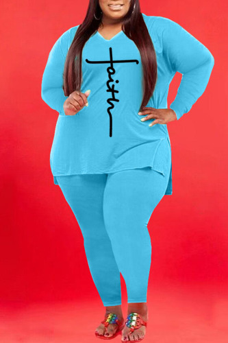 Light Blue Casual Print Patchwork V Neck Plus Size Two Pieces