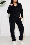 Black Casual Sportswear Solid Patchwork Zipper Hooded Collar Long Sleeve Two Pieces