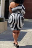 Tangerine Red Casual Striped Patchwork One Shoulder Pencil Skirt Plus Size Dresses