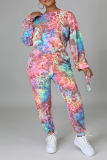 Pink Casual Patchwork Tie-dye O Neck Long Sleeve Two Pieces