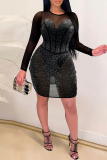 Silver Fashion Sexy Patchwork Hot Drilling See-through O Neck Long Sleeve Dresses