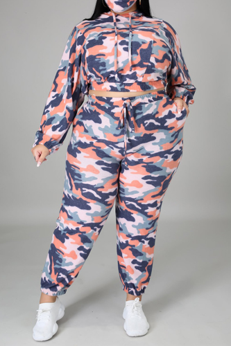 Pink Casual Camouflage Print Patchwork Hooded Collar Plus Size Two Pieces