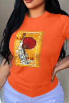 Orange Fashion Street Print Split Joint O Neck T-Shirts