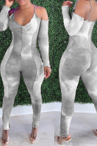 Grey Sexy Patchwork Tie-dye Halter Skinny Jumpsuits