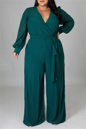 Green Fashion Casual Solid Bandage V Neck Plus Size Jumpsuits