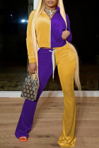 Purple Yellow Casual Solid Split Joint  Contrast Zipper Zipper Collar Three Quarter Two Pieces