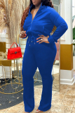 Blue Fashion Casual Solid Basic Zipper Collar Plus Size Two Pieces