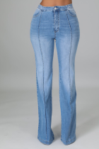 Blue Casual Solid Split Joint Mid Waist Boot Cut Denim Jeans