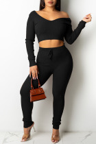Black Casual Solid Split Joint V Neck Long Sleeve Two Pieces