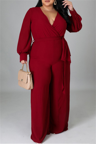 Burgundy Fashion Casual Solid Bandage V Neck Plus Size Jumpsuits