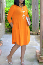 Tangerine Red Casual Print Split Joint O Neck Cake Skirt Dresses