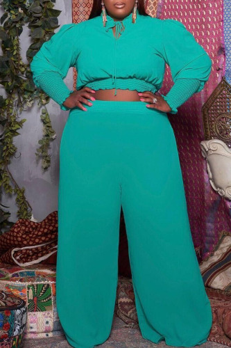 Green Casual Solid Patchwork Frenulum O Neck Plus Size Two Pieces